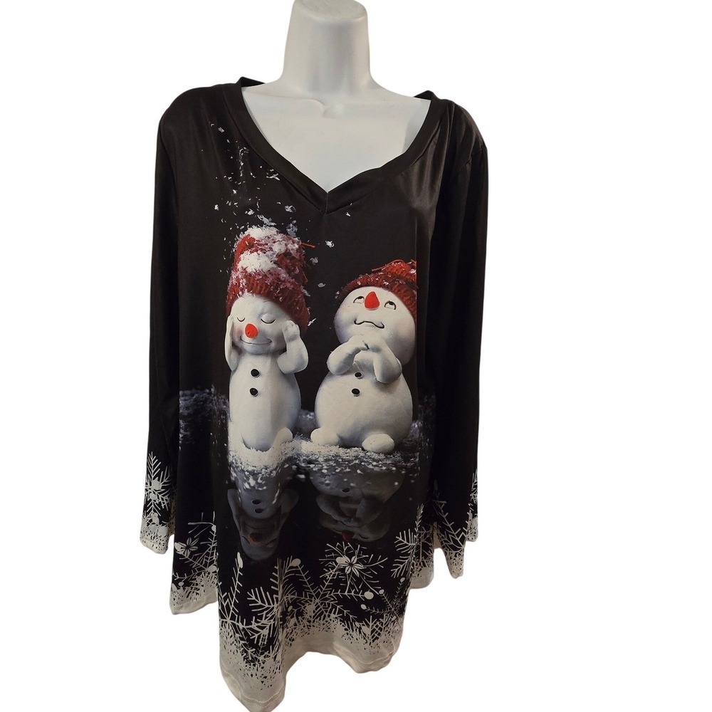 Cute Snowman Long Sleeve V Neck Tunic Top Black White Christmas Holiday /0111 - Picture 2 of 5